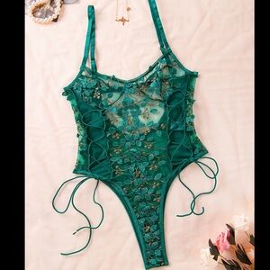 LINGERIE ONE PIECE SEXY UNDERWEAR Green lace corset bodysuit adjustable straps